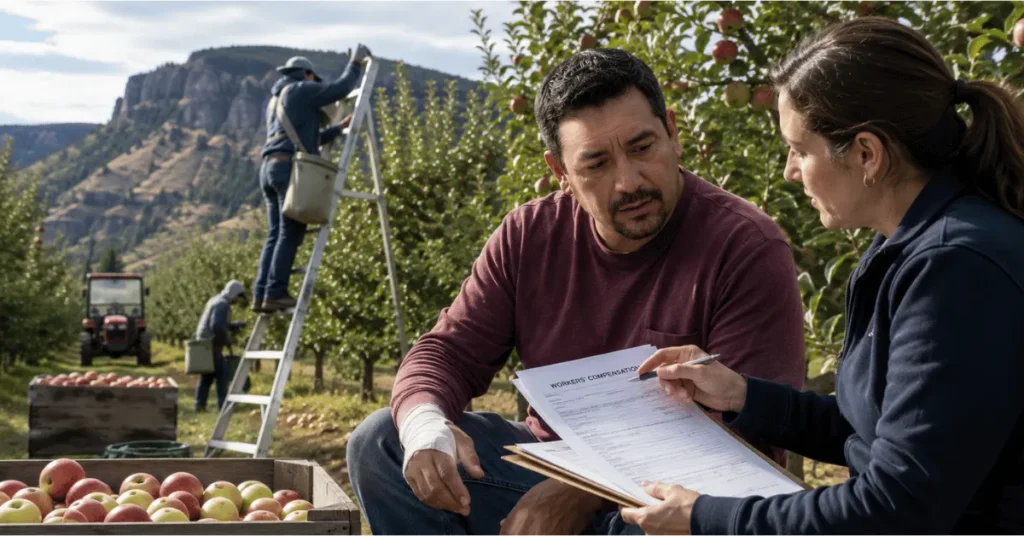 Injured orchard worker reviewing workers’ compensation paperwork with an attorney while other workers harvest apples in the background at an Oregon orchard.