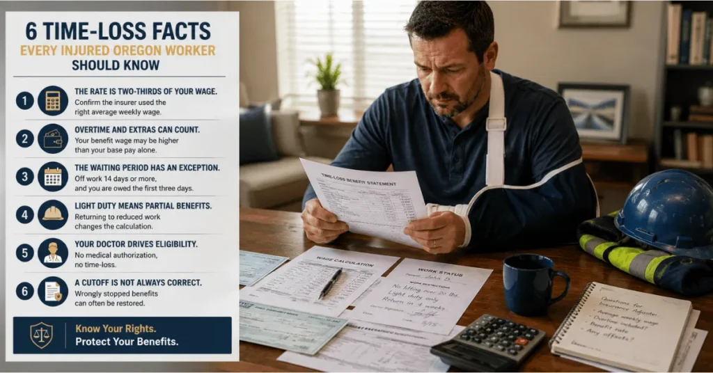 Infographic highlighting six important facts about Oregon time-loss benefits, including wage calculations, eligibility requirements, waiting periods, and benefit cutoffs.