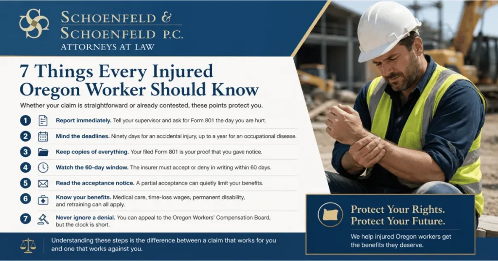 Infographic outlining seven important workers’ compensation tips for injured Oregon workers, including reporting injuries, meeting deadlines, and protecting benefits.
