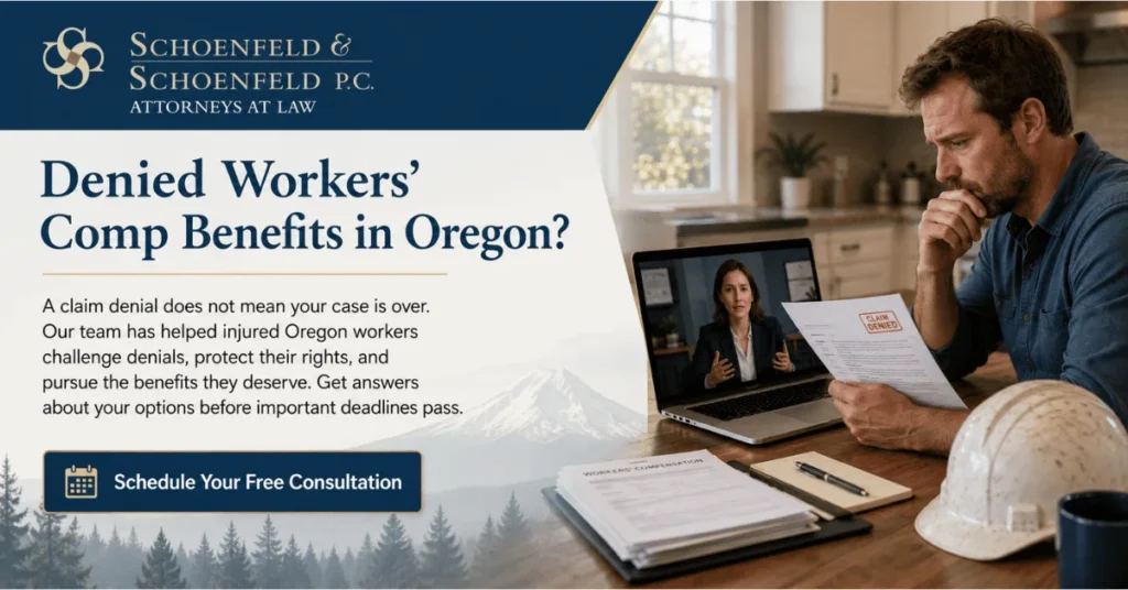 Injured Oregon worker reviewing a denied workers’ compensation claim while speaking with an attorney during a virtual consultation about appeal options.