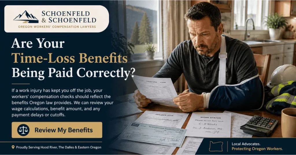 Injured Oregon worker reviewing time-loss benefit statements and wage documents to determine whether workers’ compensation payments are being calculated correctly.