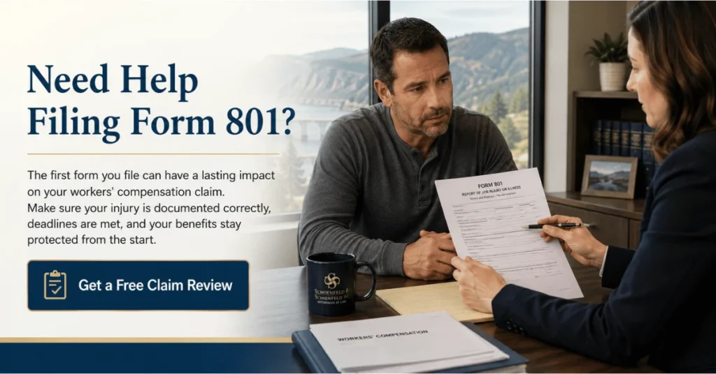 Oregon workers’ compensation attorney reviewing Form 801 with an injured worker during a consultation about properly filing a workplace injury claim.