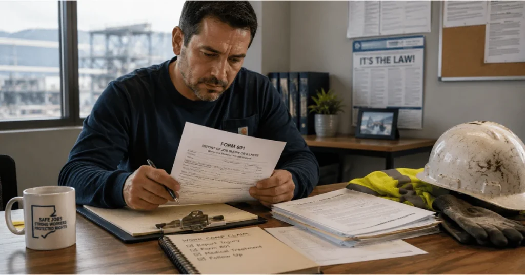 Oregon worker reviewing a completed Form 801 and claim documents while checking for errors that could affect workers’ compensation benefits.