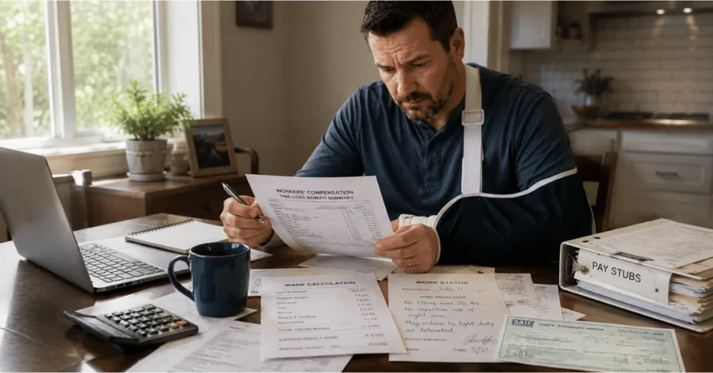 Injured worker examining workers’ compensation wage calculations, pay stubs, and benefit summaries to understand Oregon time-loss benefit payments.
