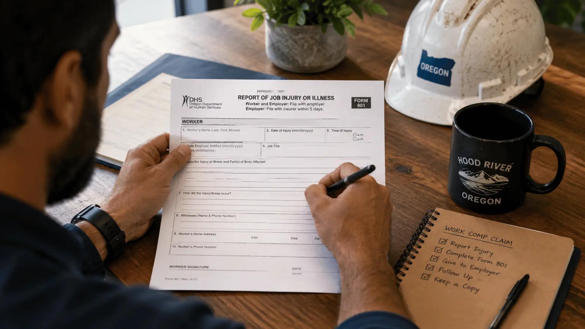 How to File Form 801 in Oregon Oregon worker completing Form 801, the Report of Job Injury or Illness, with a hard hat, claim checklist, and work injury documentation on a desk.