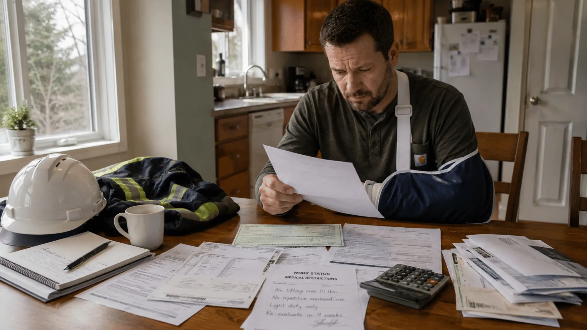 Oregon worker recovering from an injury at home while reviewing workers’ compensation checks, medical restrictions, and time-loss benefit paperwork.