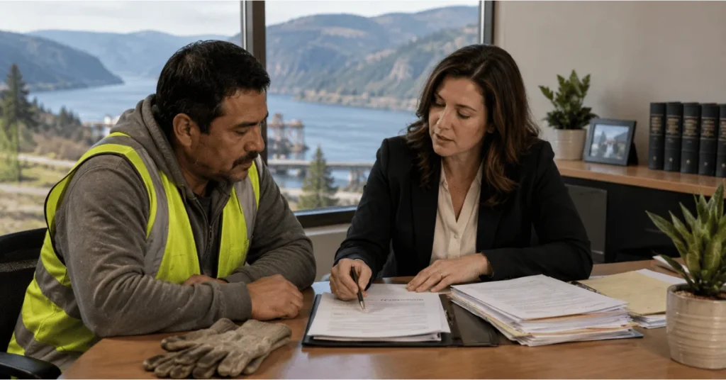 Oregon workers’ compensation attorney reviewing claim paperwork with an injured worker during a consultation in a law office overlooking the Columbia River Gorge.
