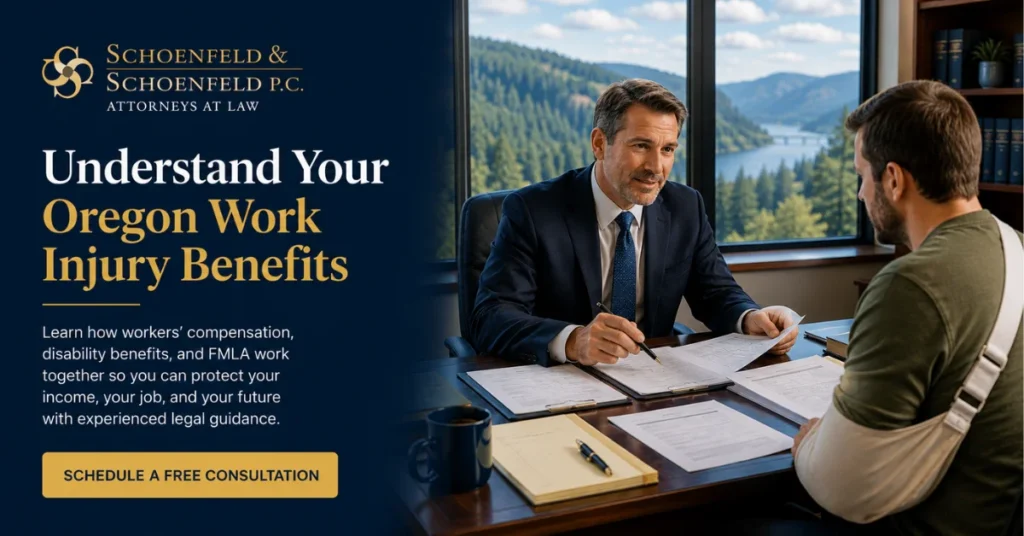 Oregon workers' compensation attorney meeting with an injured worker to explain work injury benefits, disability options, and legal rights.