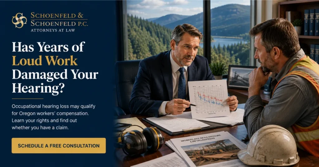Oregon workers' compensation attorney reviewing occupational hearing loss evidence with a worker exposed to years of excessive workplace noise.