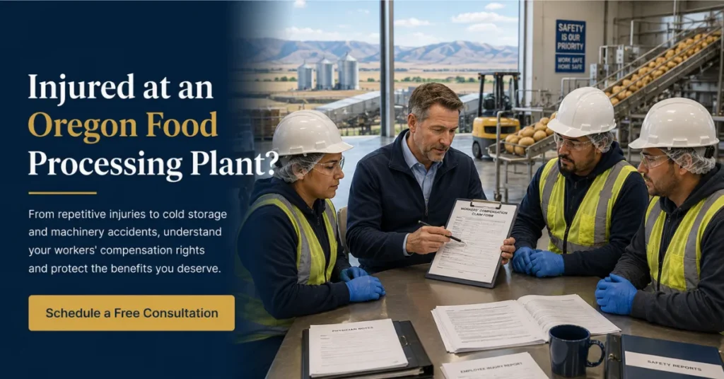 Oregon workers' compensation attorney explaining injury claim rights to food processing workers during a legal consultation.