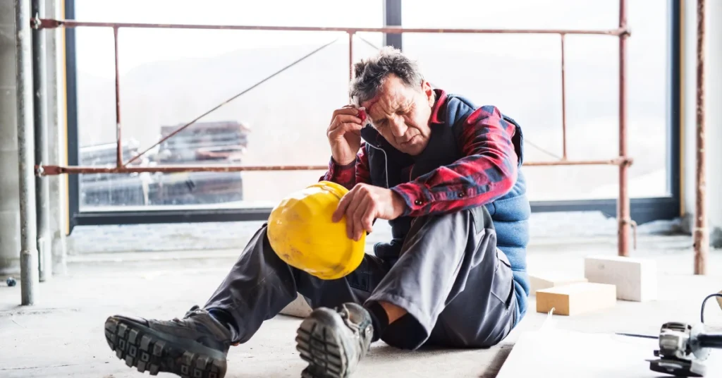 Construction worker sitting on a jobsite floor holding a hard hat after a workplace injury, illustrating an Oregon workers' compensation claim.