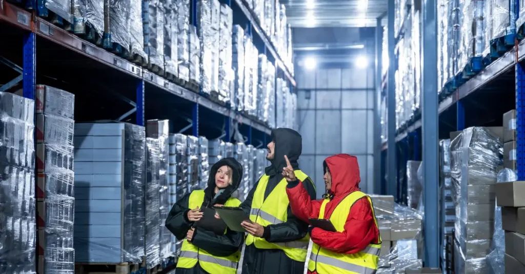 Workers wearing insulated protective clothing inside a refrigerated food storage warehouse to reduce cold storage workplace hazards.