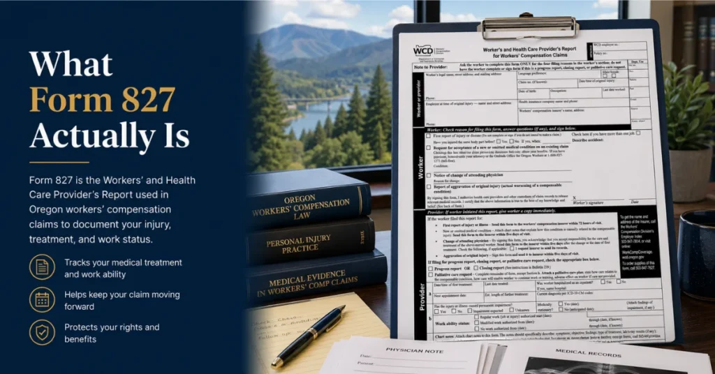 Oregon Workers' Compensation Form 827 used by medical providers to document treatment, work status, and injury-related care.