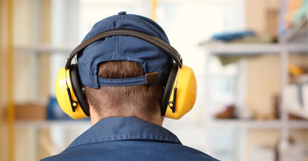 Worker wearing hearing protection in a noisy industrial workplace to reduce the risk of occupational hearing loss.