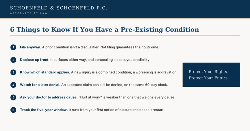 Six things Oregon workers with a pre-existing condition should know before filing a workers comp claim or appealing a denial.