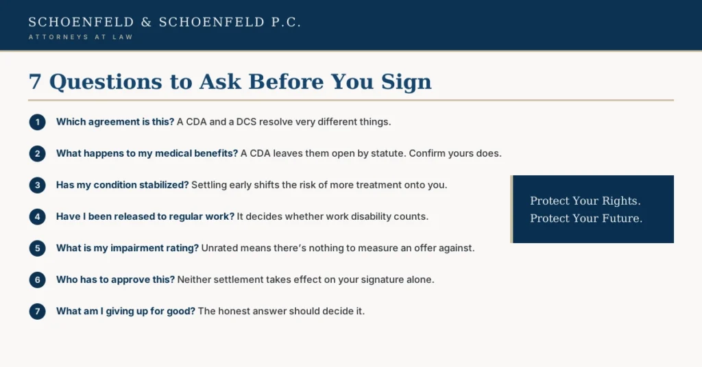 Seven questions an injured Oregon worker should ask before signing a workers compensation settlement agreement or claim disposition.