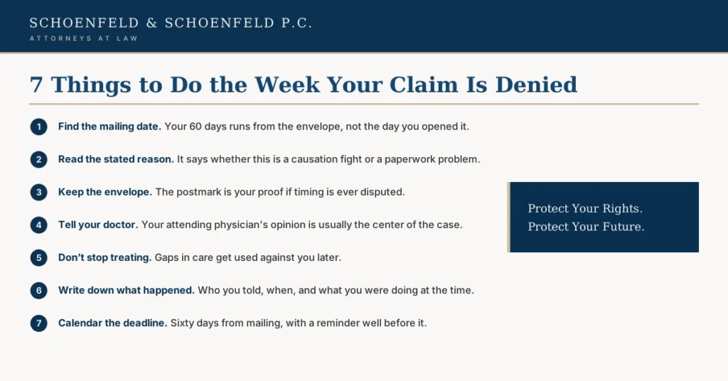 Seven steps an injured Oregon worker should take the week a workers compensation claim denial arrives in the mail.