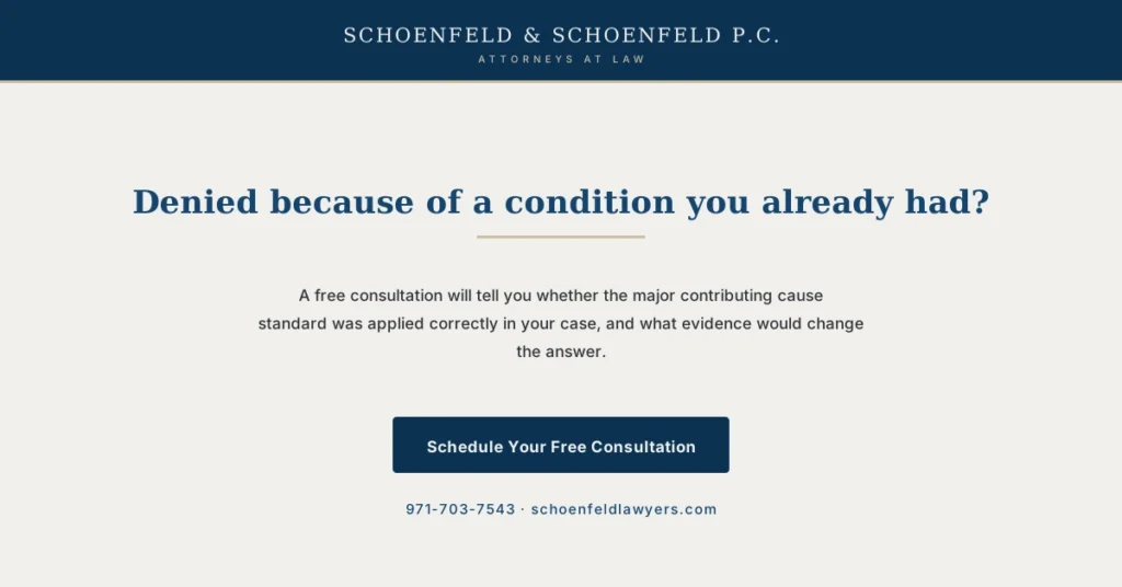 Schoenfeld and Schoenfeld call to action offering a free consultation about an Oregon pre-existing condition denial.
