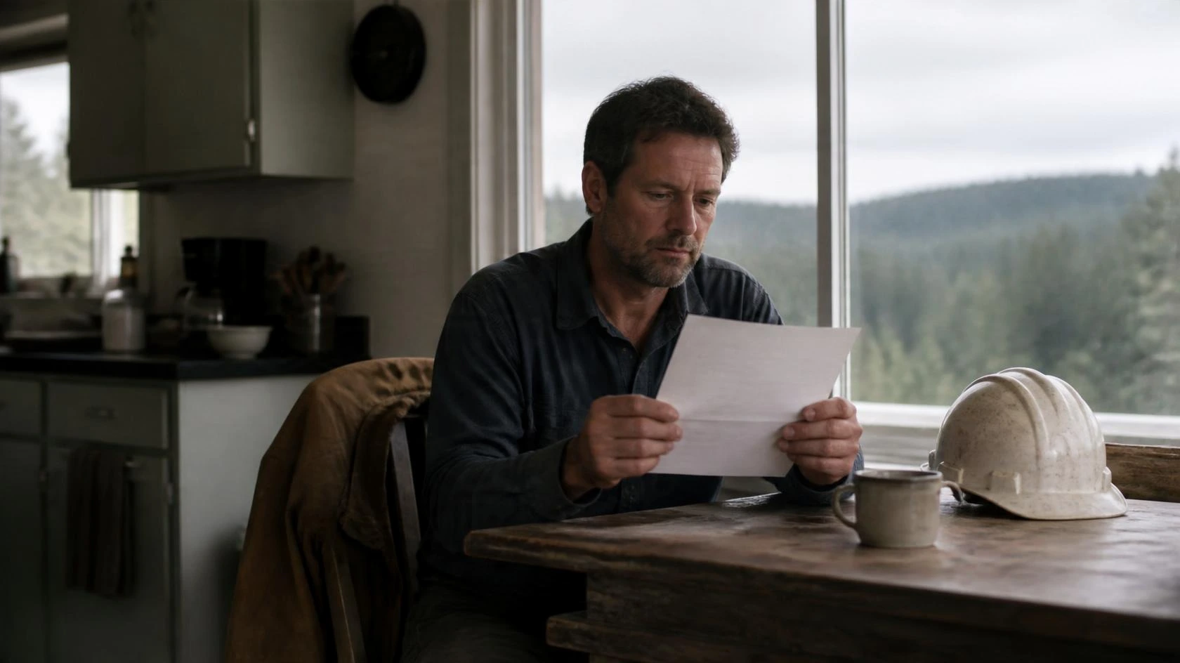Denied in Oregon_ How to Appeal a Workers_ Comp Claim Denial Step by Step Injured Oregon worker reads a denial letter at his kitchen table, hard hat nearby, weighing how to appeal denied workers comp.