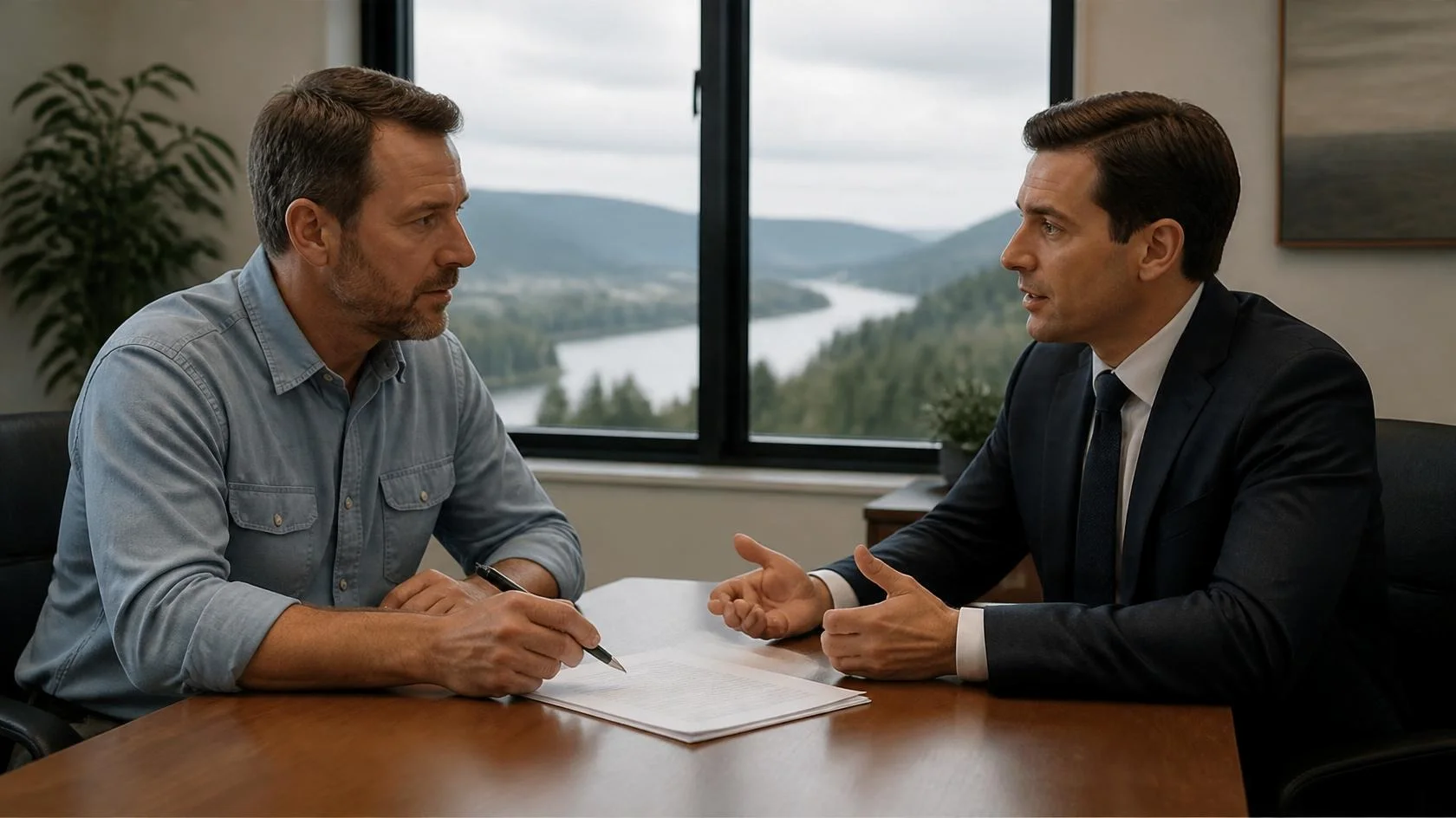 How Oregon Workers_ Comp Settlements Work_ CDAs, DCSs, and What Drives Value Attorney explains how workers comp settlements work in Oregon to an injured worker holding a pen over a settlement agreement.