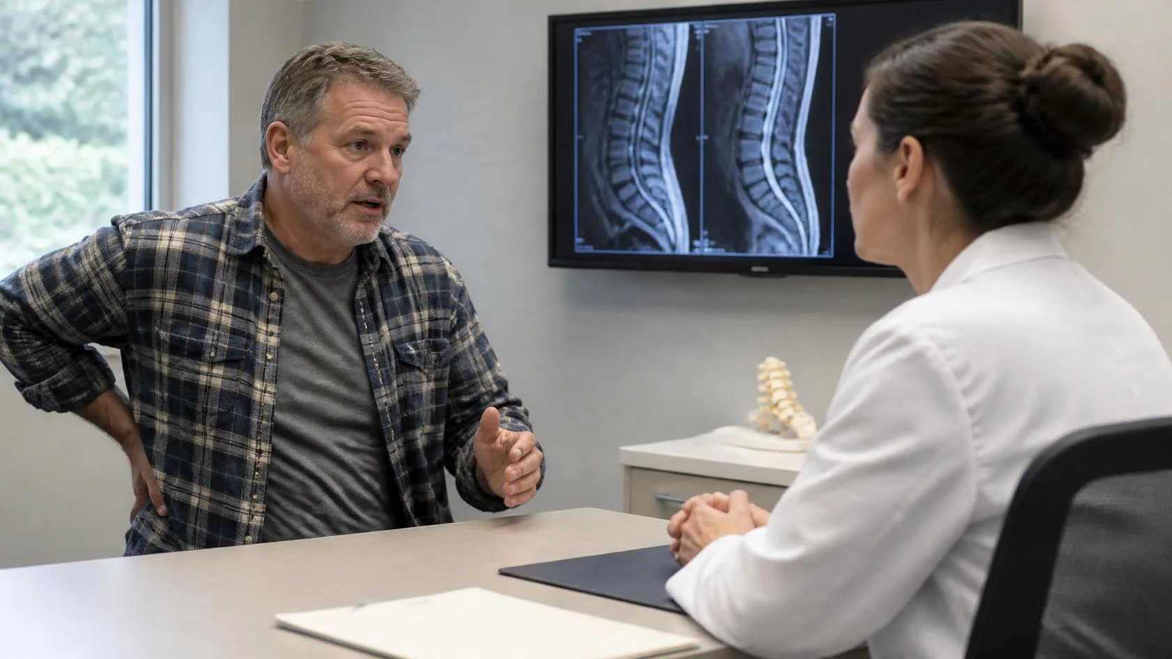 Pre-Existing Conditions and Oregon Workers_ Comp_ When a Work Injury Still Counts Oregon worker with back pain reviews his spinal MRI with a doctor, key evidence in a pre-existing condition workers comp claim.