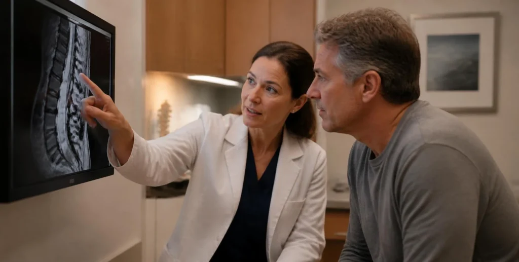 Doctor reviewing spinal imaging with a patient to weigh causation in an Oregon combined condition workers' compensation claim.