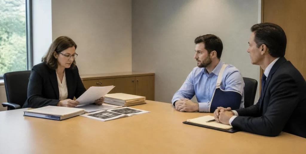 Administrative Law Judge reviewing medical records at an Oregon workers compensation hearing after an injured worker appealed a claim denial.